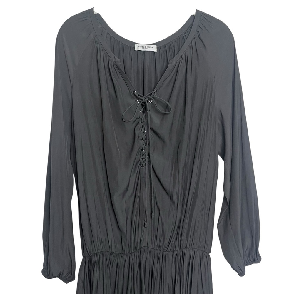 Ramy Brook Allie Tie-Front Lace Up Satin Dress Gunmetal Black Medium Boho Chic - Picture 4 of 12